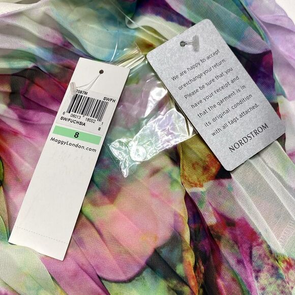 Maggy London Pleated Watercolor Chiffon Trapeze Halter Neck Dress Lined Sz 8 NWT - Picture 10 of 11